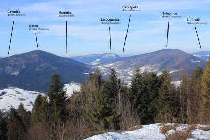 Panorama z polany Widny Zrąbek na Łopieniu: Beskid Wyspowy