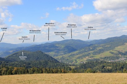 Podpisana panorama z Durbaszki: Pieniny, Gorce, Beskid Sądecki, Beskid Wyspowy