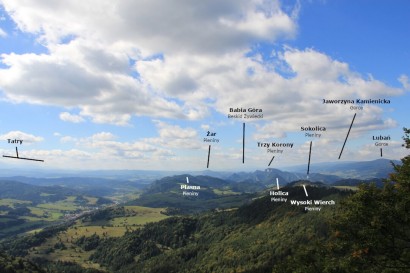 Podpisana panorama z Wysokiej: Tatry, Pieniny, Gorce, Babia Góra