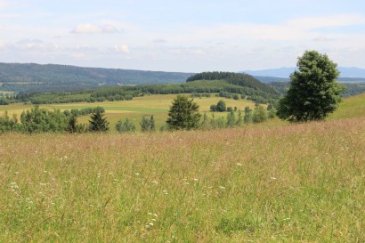 Widok z łąki pod Grodczynem: za łagodnymi Wzgórzami Lewińskimi znajduje się fragment Gór Stołowych (z lewej) i Gór Bardzkich (z prawej, w tle)