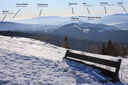 Panorama z Hali Stumorgowej na Mogielicy na wschód: Beskid Wyspowy, Gorce, Pieniny, Beskid Sądecki.