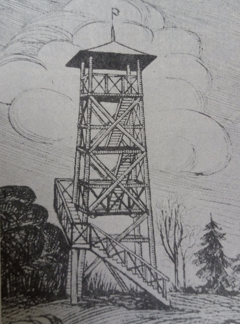 Wieża widokowa na Ostrej Górze sprzed 1945 roku. Repr. M. Staffa